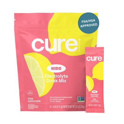 Cure Hydration - Kids Electrolyte Drink Mix Plant-Based Pediatrician Formulated Rehydration No Added Sugar, Non-GMO, Gluten-Free, No Artificial Flavors Pouch of 14 Packets - Pink Lemonade