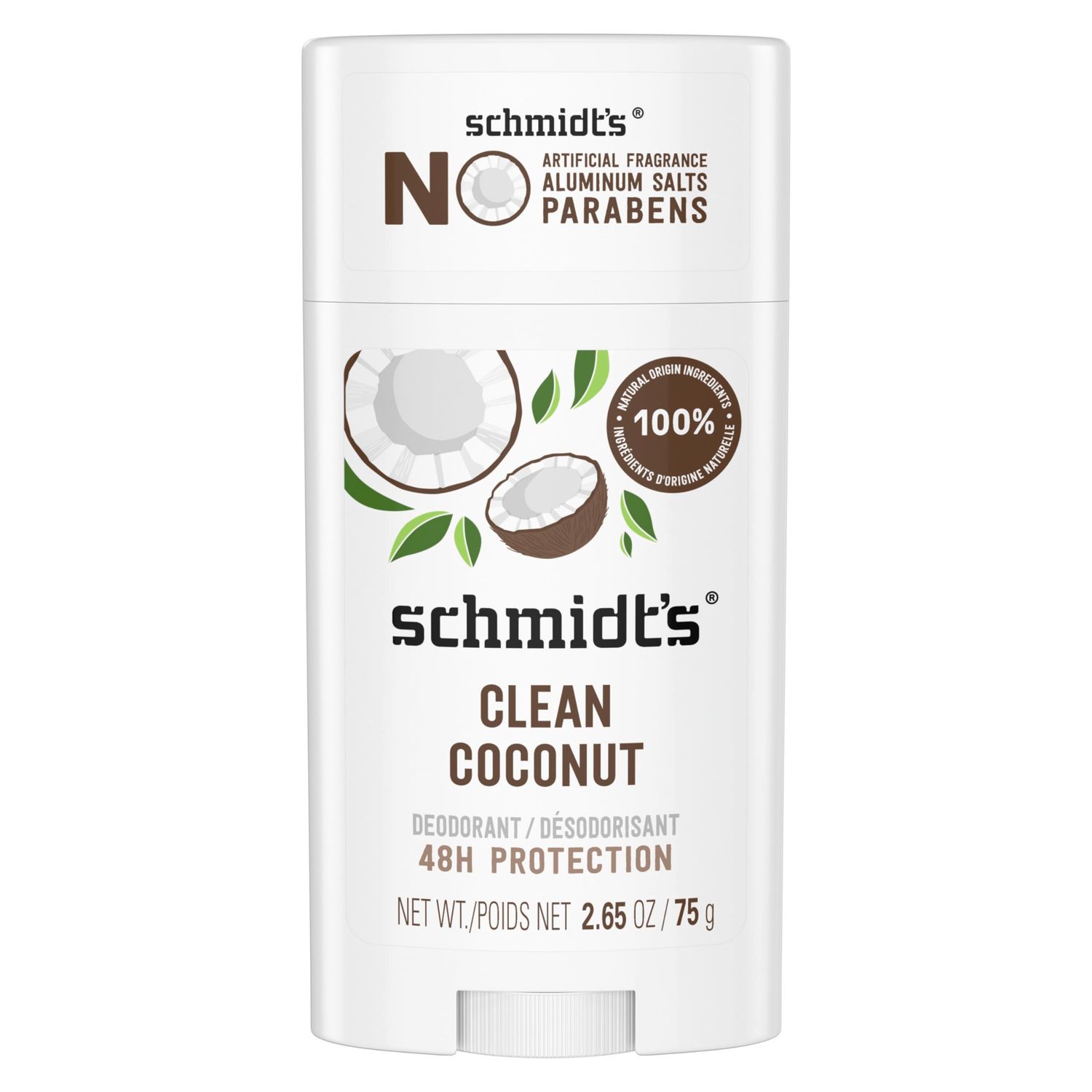 Schmidt&#39;s Aluminum-Free Vegan Deodorant Clean Coconut for Women and Men, with 24 Hour Odor Protection, Natural Ingredients, Cruelty-Free, 2.65 oz