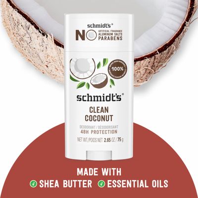 Schmidt's Aluminum-Free Vegan Deodorant Clean Coconut for Women and Men, with 24 Hour Odor Protection, Natural Ingredients, Cruelty-Free, 2.65 oz