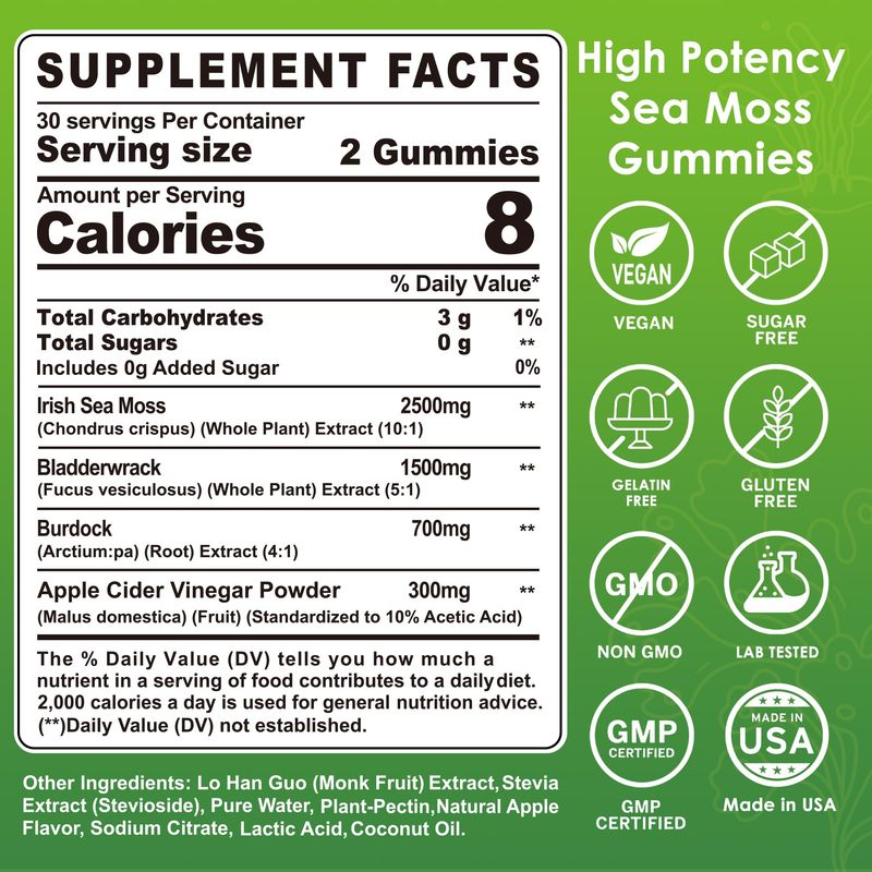 EnvyDeal Sea Moss Gummies- Immune Thyr0id Support, Organic Irish Sea Moss Supplement for Adults Kids wBurdock Root, Bladderwrack, Apple Cider Vinegar - Gut, Skin Health, Sugar Free, Vegan, 60Cts