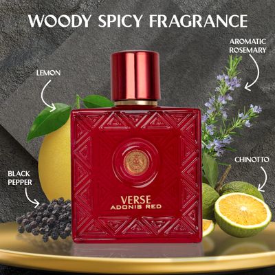 Verse Adonis Red for Men - 100ml Eau De Parfum Spray - Fruity Warm Floral Fragrance Smell Fresh All Day Long Lasting Includes NovoGlow Carrying Pouch Gift for All Occasions