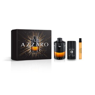 Azzaro The Most Wanted Parfum - Intense Mens Cologne Gift Set - 3-Piece Set Includes Full Size Fragrance (100ml) Travel Size Spray (10ml) Deodorant Stick (77g) - Gifts for Men