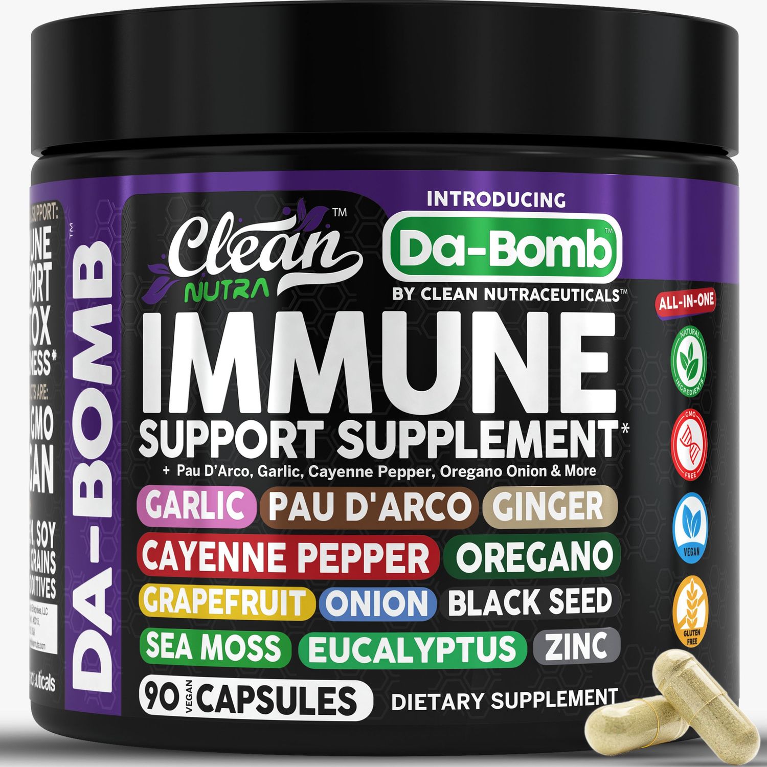 Organic Immune Support with PAU D&#39;Arco Garlic Cayenne Pepper Oregano Ginger Grapefruit Onion Black Seed Sea Moss Black Pepper Zinc Eucalyptus Vitamin C Vitamin D Organic Soursop by Clean Nutra