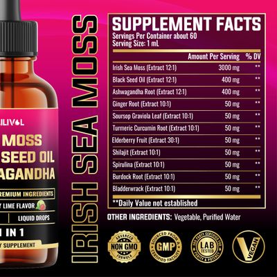 MILIVOL 11in1 Sea Moss Liquid Drops - Irish Sea Moss with Black Seed Oil, Ashwagandha 8 Other - Supplement for Immune, Skin, Digestion - 2 Fl Oz - 60 Days
