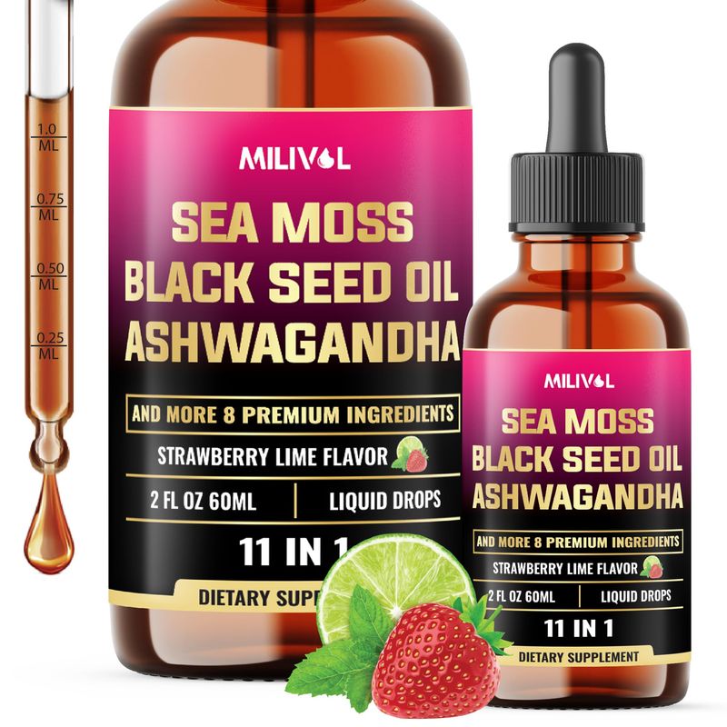 MILIVOL 11in1 Sea Moss Liquid Drops - Irish Sea Moss with Black Seed Oil, Ashwagandha 8 Other - Supplement for Immune, Skin, Digestion - 2 Fl Oz - 60 Days