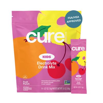 Cure Hydration - Kids Electrolyte Drink Mix Plant-Based Pediatrician Formulated Rehydration No Added Sugar, Non-GMO, Gluten-Free, No Artificial Flavors Pouch of 14 Packets - Fruit Punch