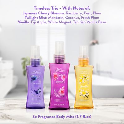 Body Fantasies Body Spray Holiday Gift Set for Her - 3 Piece Timeless Scents Sampler, Perfect for Stocking Stuffers