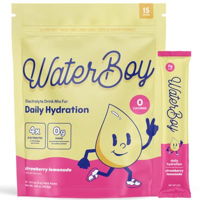 Waterboy Daily Hydration 1,570mg Electrolyte Powder Packets No Sugar, All Natural, Gluten Free, Zero Calories 15 Drink Stick Mixes (Strawberry Lemonade)