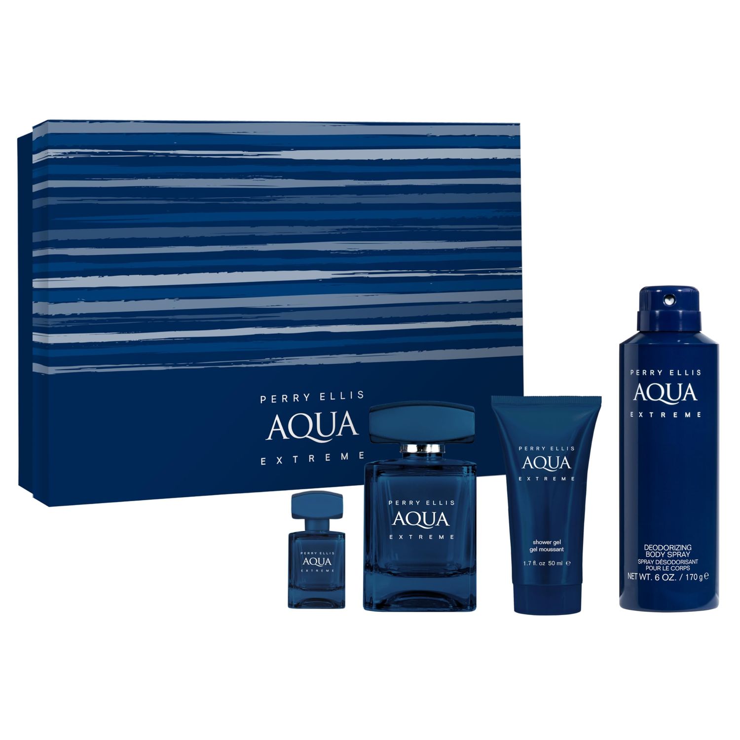 Perry Ellis Aqua Extreme Gift Set - 3.4 fl oz eau de toilette, 1.7 oz shower gel, 6 oz body spray, .25 fl oz EDT travel mini