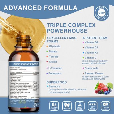 Magnesium Glycinate Liquid Drop - Triple Absorption Supplement to Support Nerves, Night, Heart, Muscles -Sugar-Free with Potassium, L-Theanine, Sea Moss Vitamin B,C,D3, K2-1Pack