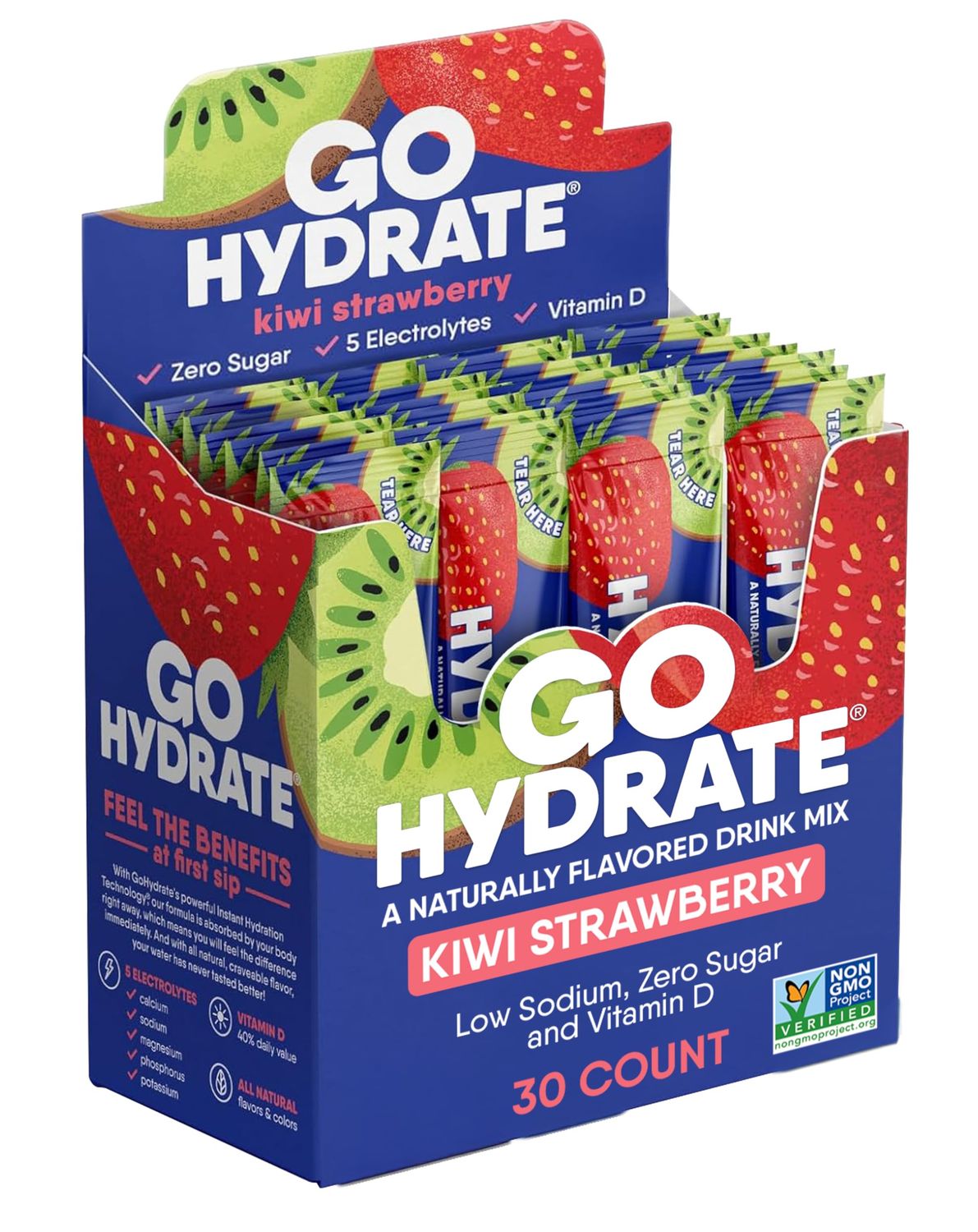 GoHydrate Instant Hydration Powder Packets - Low Sodium Electrolytes Drink Mix - Natural Hydration Support, Sugar Free Electrolyte Flavored Powder Drink with Vitamin D, 30 Packs, Kiwi Strawberry