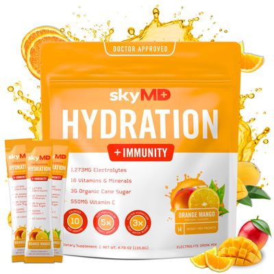 SkyMD Hydration Immunity Powder Packets with Electrolytes Hydration Multiplier, Immune Booster with Vitamins, Minerals Low Sugar Calories, Mix in Water 14 Single-Serving Sticks, Orange Mango