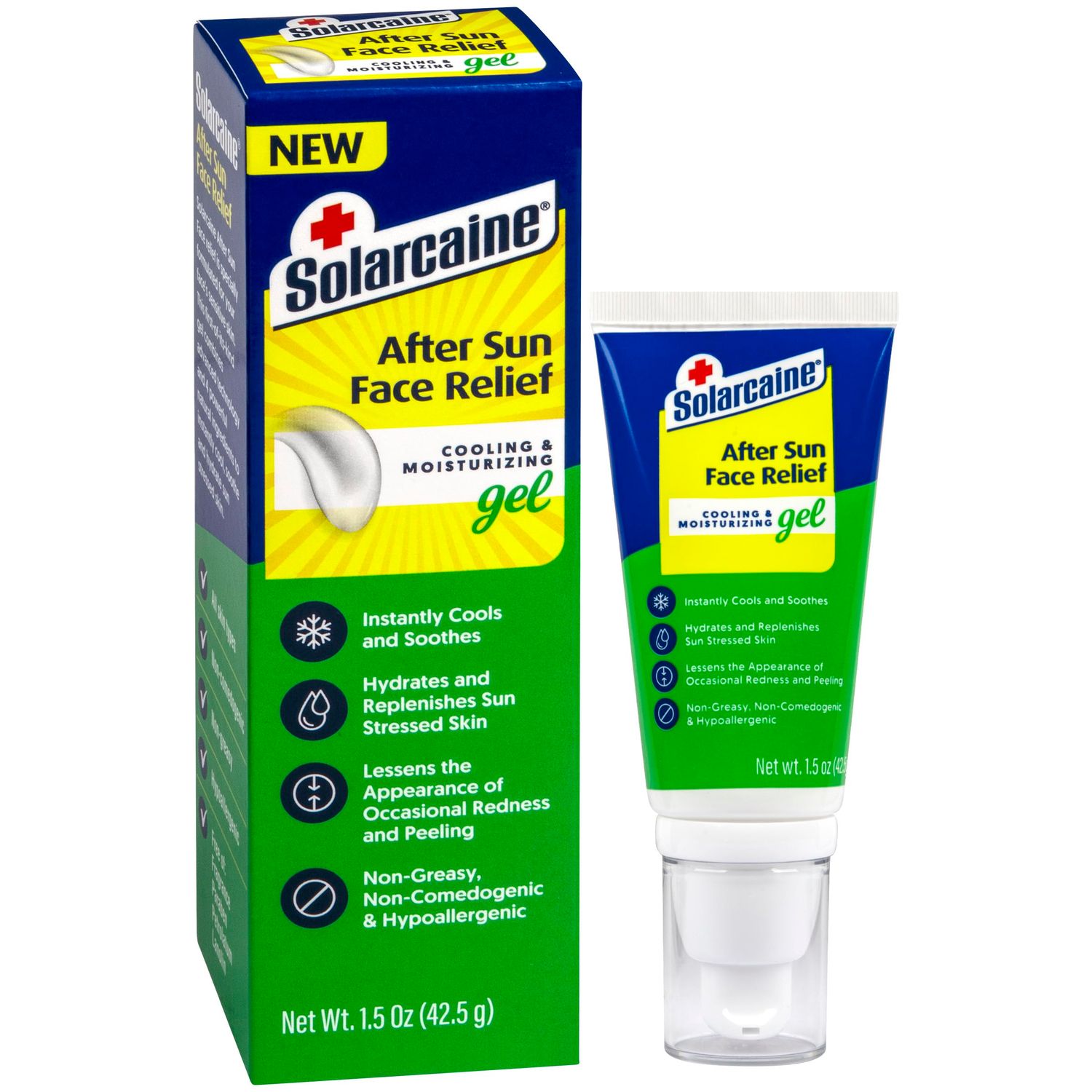 Solarcaine After Sun Face Gel, Cooling Moisturizing Relief for Sun-Stressed Skin, Redness Peeling, Non-Greasy, Hypoallergenic, Fragrance-Free, Non-comedogenic 1.5 oz