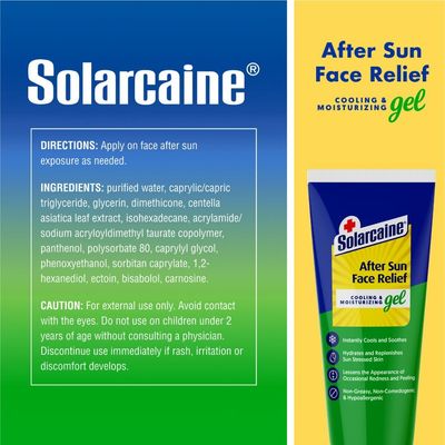 Solarcaine After Sun Face Gel, Cooling Moisturizing Relief for Sun-Stressed Skin, Redness Peeling, Non-Greasy, Hypoallergenic, Fragrance-Free, Non-comedogenic 1.5 oz