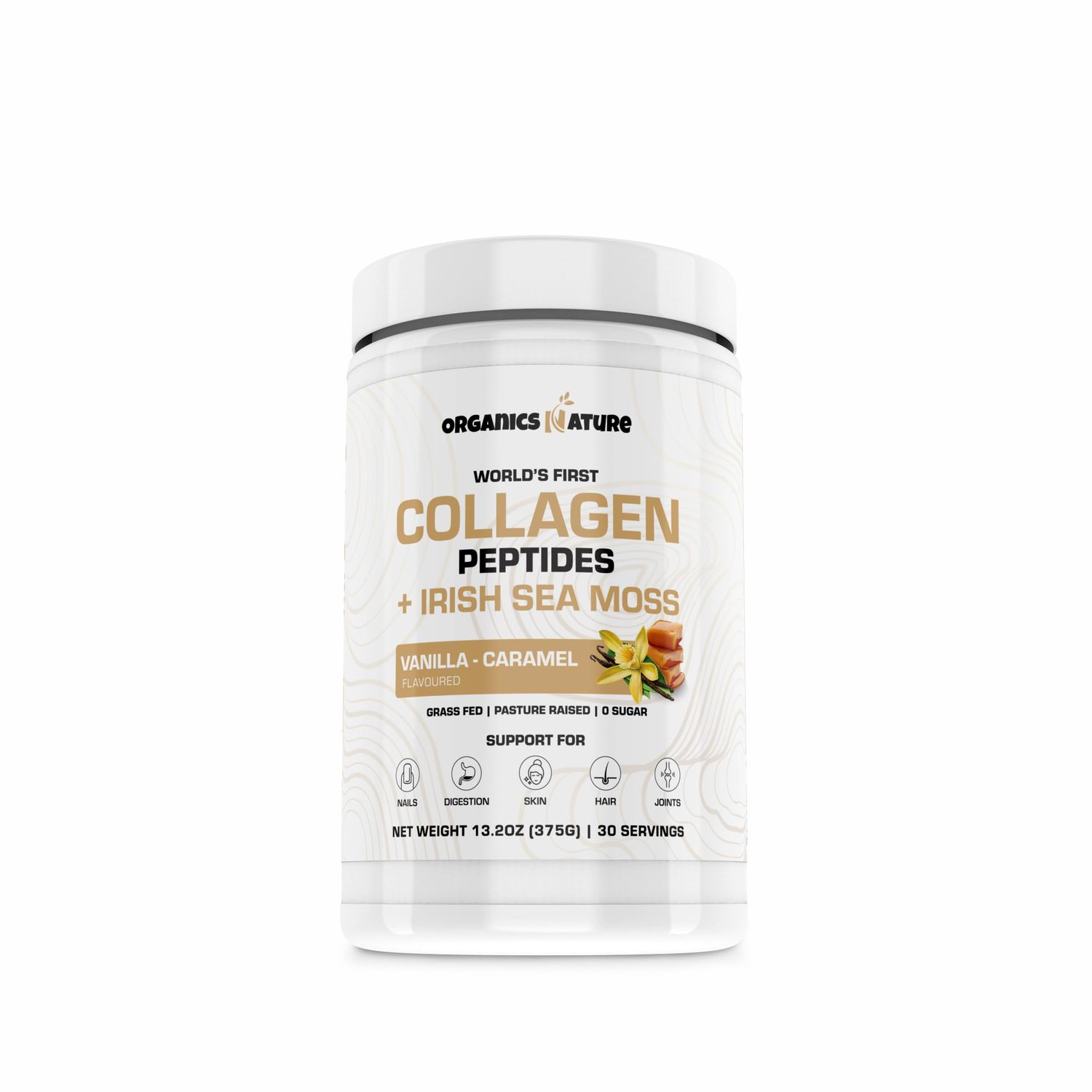ORGANICS NATURE Collagen Peptides Powder with Irish Sea Moss Vanilla Caramel Flavored Naturally Sourced Hydrolyzed Collagen wBiotin for Hair, Skin, Nail, and Joint Support 30 Servings 380 gr