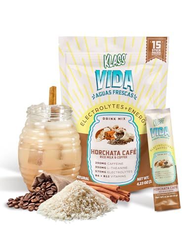 KLASS VIDA Hydration Energy Sugar-Free Powder Packets Electrolyte Agua Fresca Drink Mix, Caffeine Theanine Horchata 15 Single Serve Sticks Low Calorie, Natural Colors Flavors