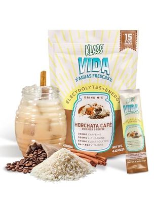 KLASS VIDA Hydration Energy Sugar-Free Powder Packets Electrolyte Agua Fresca Drink Mix, Caffeine Theanine Horchata 15 Single Serve Sticks Low Calorie, Natural Colors Flavors
