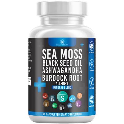 Health Heals Silicon Sea Moss Black Seed Oil Ashwagandha Bladderwrack Burdock - 60 Count