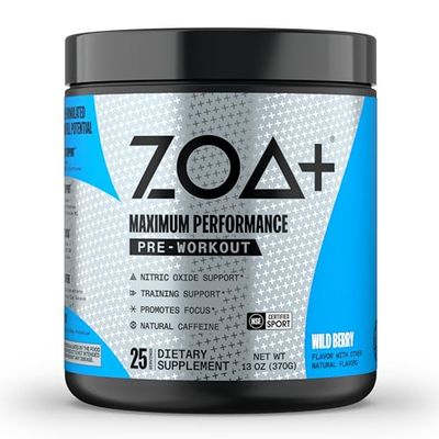 ZOA Zero Sugar Pre Workout Powder, Wild Berry - NSF Certified for Sport with Electrolytes, Creatine, Beta Alanine, Ginkgo Biloba, 200mg Caffeine - 25 Servings