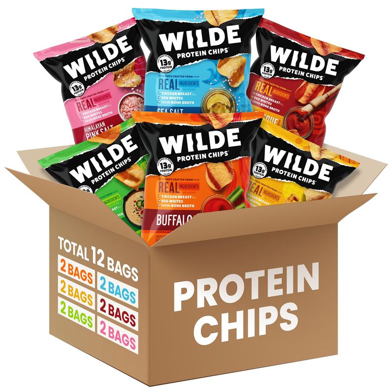 WILDE Protein Chips Variety Pack, High Protein Snacks, Gluten Free Keto Chips Made With Real Ingredients, 1.34oz Bags, Pack of 12 Low Carb Snack Box