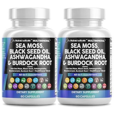 Clean Nutraceuticals Sea Moss Black Seed Oil Ashwagandha Turmeric Bladderwrack Burdock Vitamin C Vitamin D3 with Elderberry Manuka Dandelion Yellow Dock Iodine Chlorophyll ACV - 2Pack