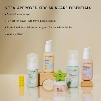Evereden Kids Travel Set Clean Vegan 5-Piece Skin Care Set for Kids Multi-Vitamin Skin Care Set wt Body Wash, Lotion, Face Wash, Cream, Shampoo Conditioner in a Puffy bag TSA-approved
