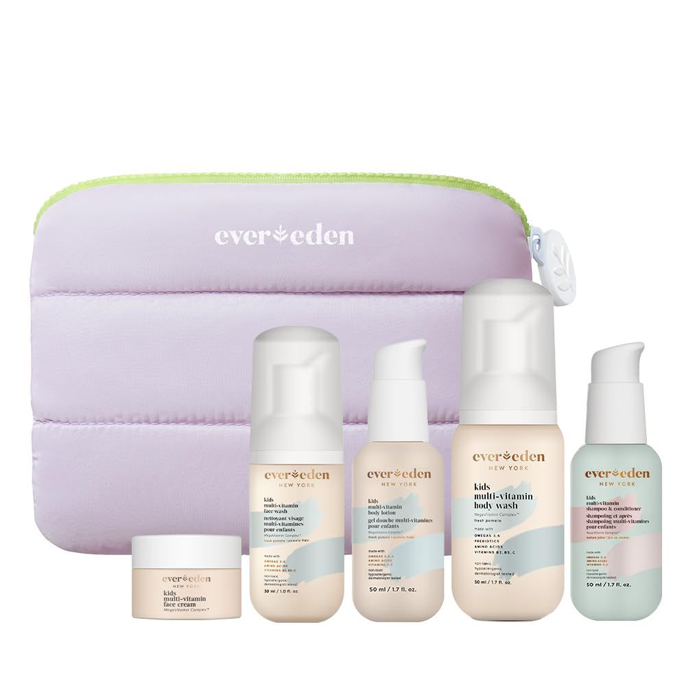 Evereden Kids Travel Set Clean Vegan 5-Piece Skin Care Set for Kids Multi-Vitamin Skin Care Set wt Body Wash, Lotion, Face Wash, Cream, Shampoo Conditioner in a Puffy bag TSA-approved