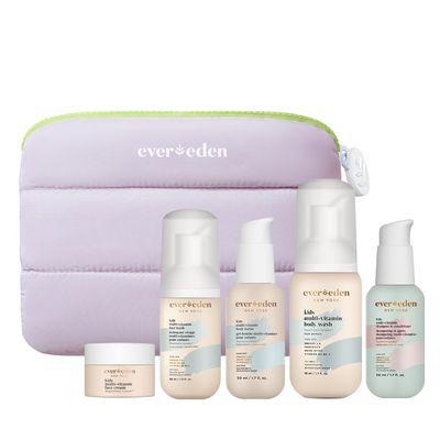 Evereden Kids Travel Set Clean Vegan 5-Piece Skin Care Set for Kids Multi-Vitamin Skin Care Set wt Body Wash, Lotion, Face Wash, Cream, Shampoo Conditioner in a Puffy bag TSA-approved