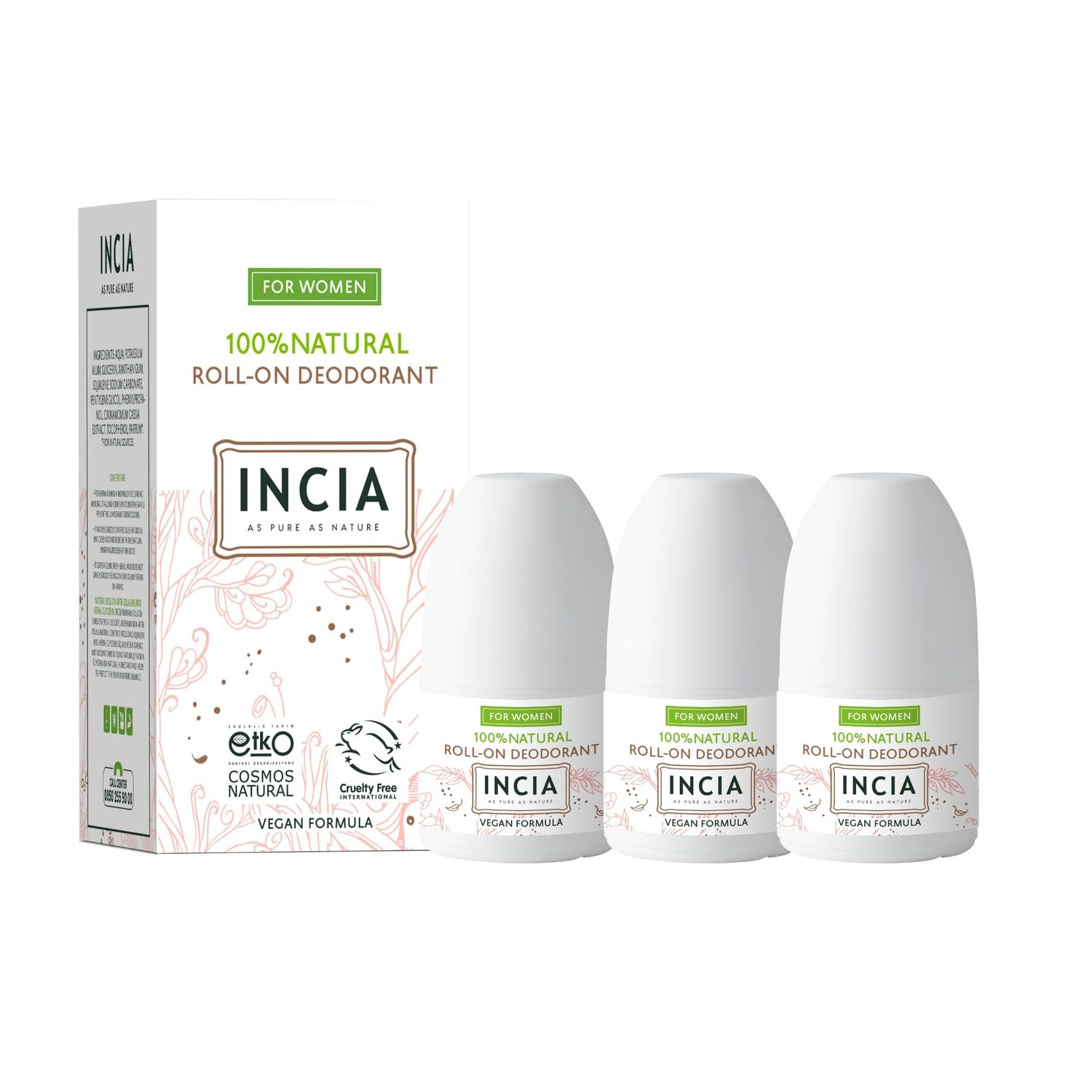 Incia, Natural Deodorant Vegan Aluminum Free Deodorant for Men and Women Fresh Cruelty Free, Paraben Free, Natural Fragrance (Women, Pack of 3)