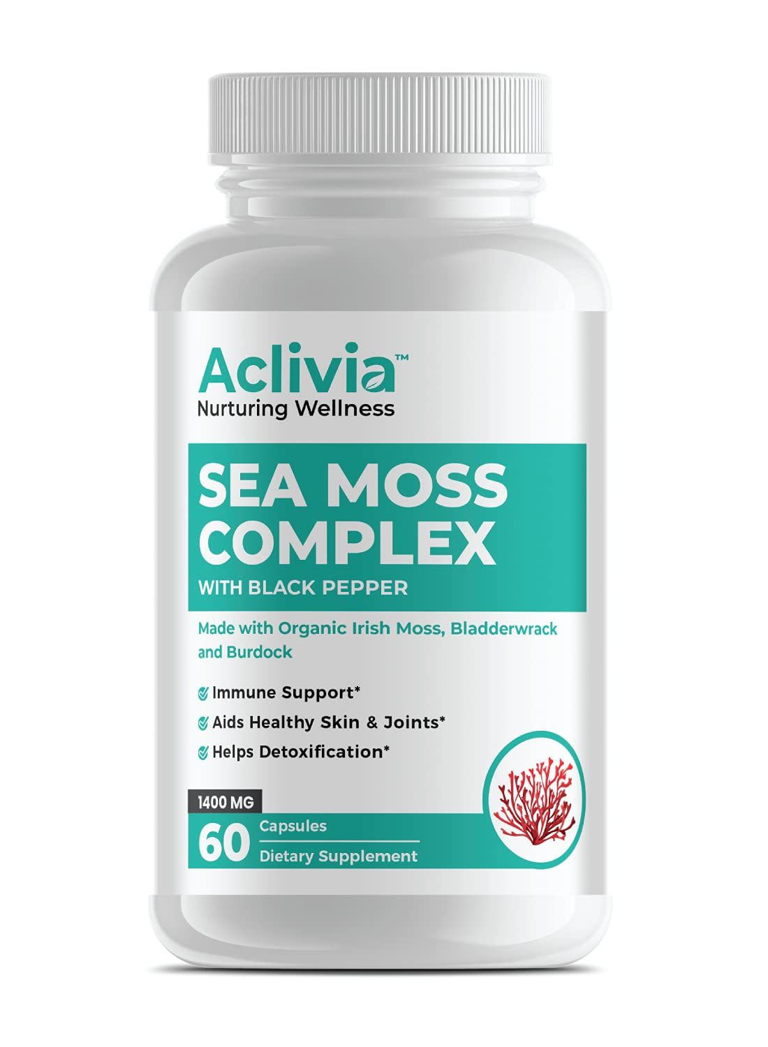 Aclivia - Organic Irish Sea Moss Capsules with Bladderwrack Burdock Root - 102 Minerals Sea Moss Supplement - Thyroid Support, Immune Boost - Non-GMO (60 Count)