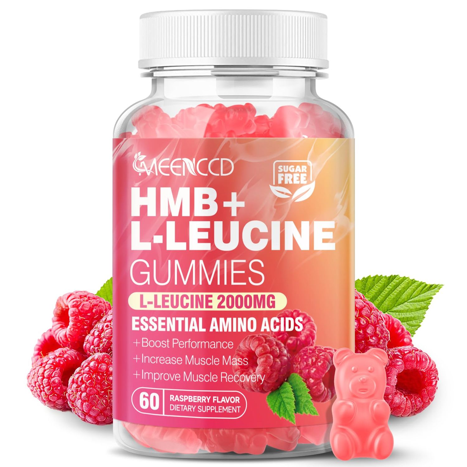 MEENCCD HMB and L-Leucine Gummies, 3000mg HMB and Leucine Amino Acid for Muscle Growth, Muscle Mass, Muscle Relief, and Fast Workout Recovery, for Men Women, Sugar-Free, Raspberry Flavor, 60 Count