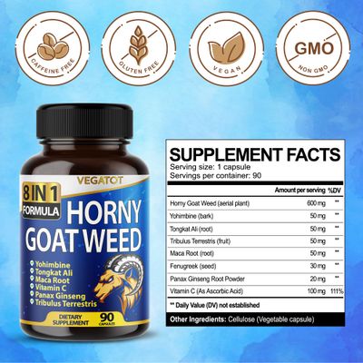 VEGATOT 8 in 1 High Strength Horny Goat Weed Concentrated with Yohimbine Tongkat Ali Maca Root Fenugreek Boost Energy Stamina 3-Month Supply (90 Count (Pack of 1))