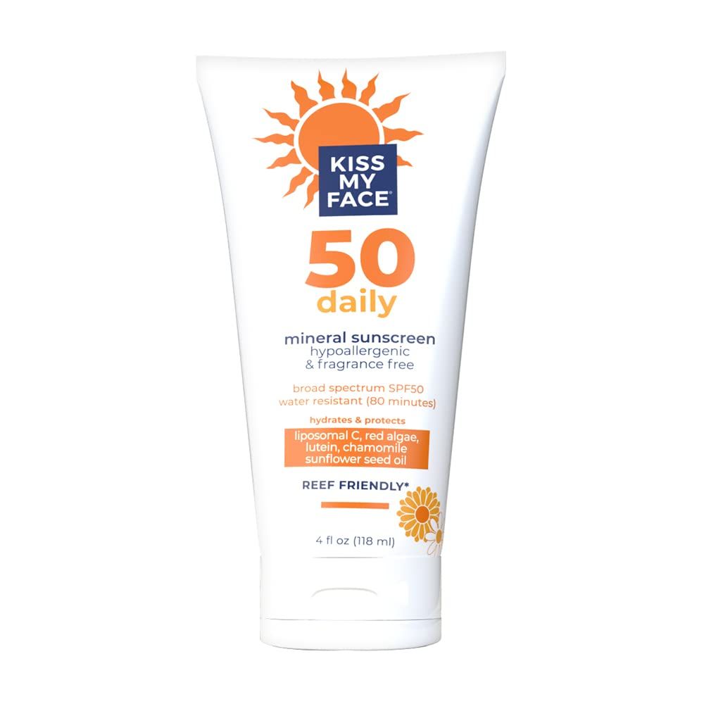 Kiss My Face Daily Sunscreen Lotion SPF 50-Water-Resistant Sunscreen Mineral Lotion-Reef-Friendly Cruelty-Free -Hypoallergenic And Fragrance-Free With Sunflower Seed Oil and Chamomile - 4 fl oz Tube