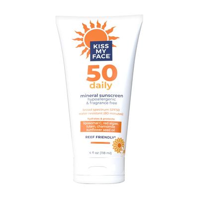 Kiss My Face Daily Sunscreen Lotion SPF 50-Water-Resistant Sunscreen Mineral Lotion-Reef-Friendly Cruelty-Free -Hypoallergenic And Fragrance-Free With Sunflower Seed Oil and Chamomile - 4 fl oz Tube
