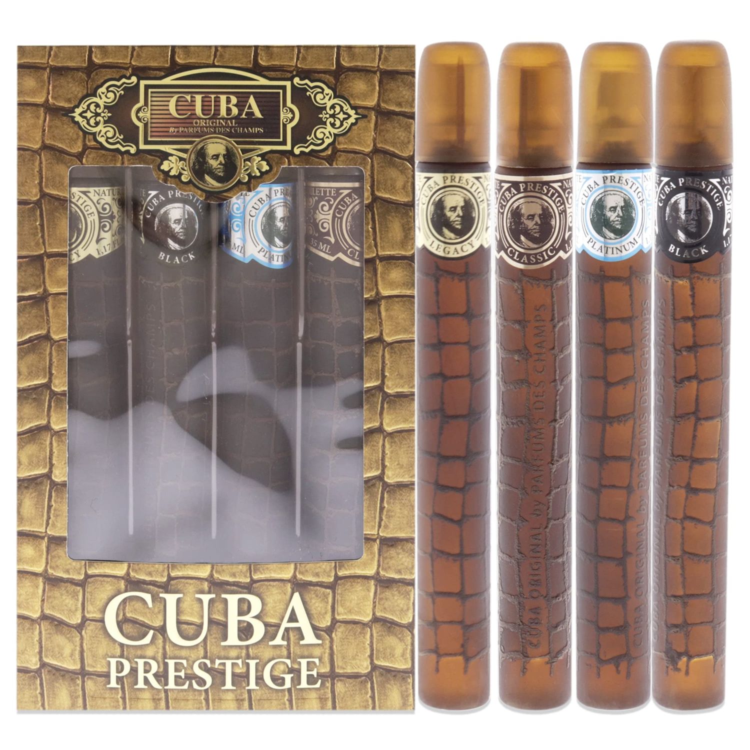 Cuba Prestige 4 Piece Gift Set for Men (Classic Black Platinum Legacy) Eau De Toilette Spray 1.7 Ounce Each