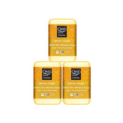 One With Nature Dead Sea Mineral Salt Lemon Sage 4oz Soap 3Pk, Argan Oil Shea Butter - Dead Sea Salt Contains Magnesium, Sulfur 21 Essential Minerals - All Skin Types, Acne, Eczema, Fragrance Free