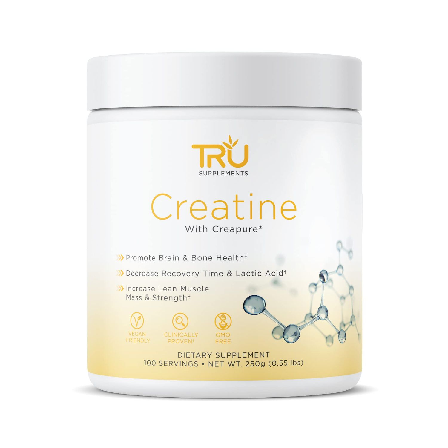 TRU Supplements Creatine 100 Pure Patented Creapure Increase Strength Boost Stamina Build Lean Muscle with Zero Water Retention or Bloating Clinically Tested and Safe 100 Servings
