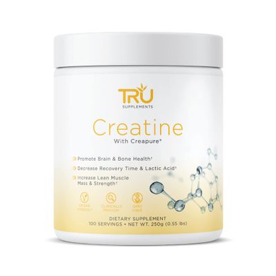 TRU Supplements Creatine 100 Pure Patented Creapure Increase Strength Boost Stamina Build Lean Muscle with Zero Water Retention or Bloating Clinically Tested and Safe 100 Servings