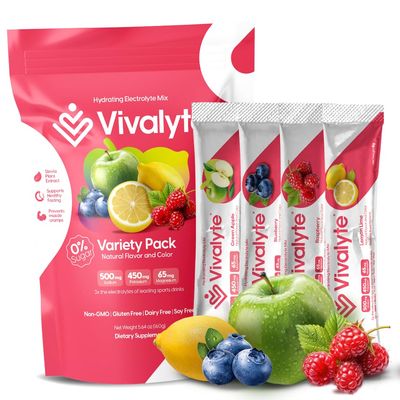 Vivalyte Electrolyte Powder No Sugar Stevia Sweetened 100 Natural Hydration Packets - 20 Count Sodium, Potassium Citrate Magnesium L-Threonate (5.64, Variety Pack)