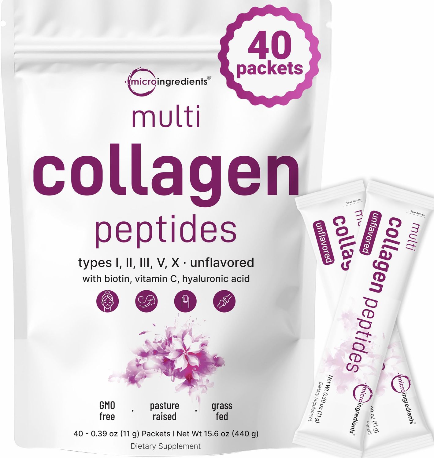 Multi Collagen Peptides, 40 Packets Hydrolyzed Protein Peptides Powder Type I,II,III,V,X with Hyaluronic Acid, Biotin, Vitamin C Unflavored, Keto, Paleo Friendly Ez Mix in Drinks