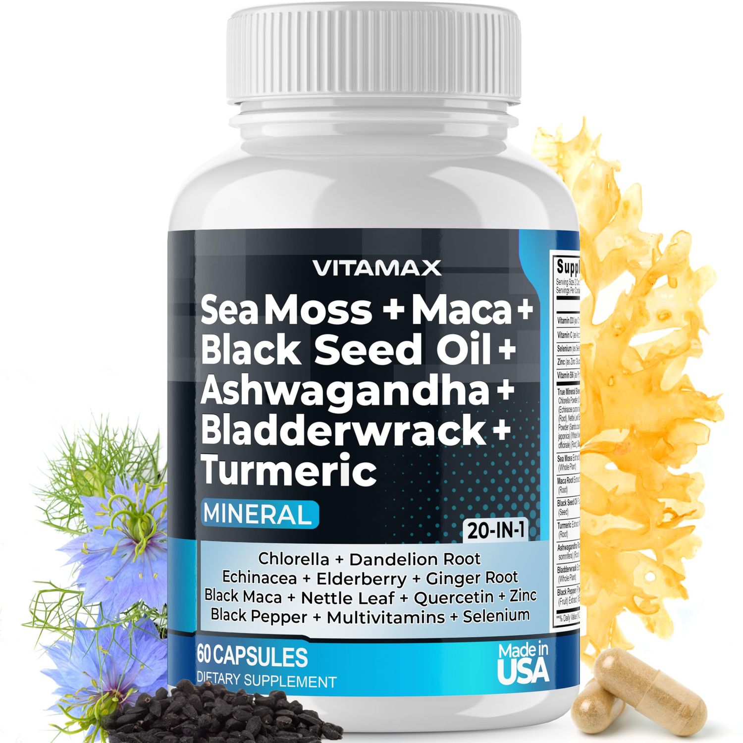 Sea Moss Maca Black Seed Oil Ashwagandha Bladderwrack Turmeric - Manuka Honey, Elderberry, Vitamin C D3, Dandelion Black Pepper - Non-GMO - Vegan - Made in USA - 60ct