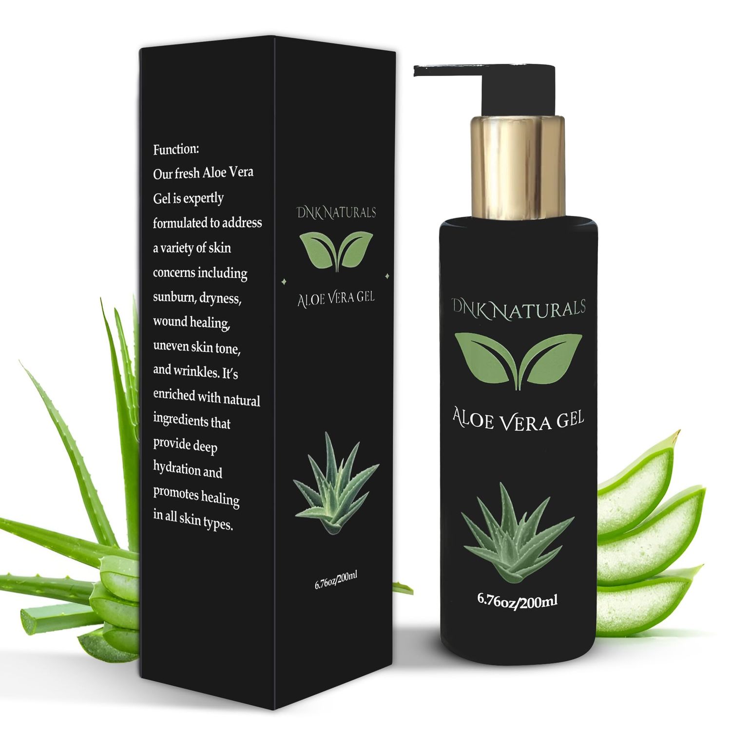 DNK Naturals Aloe Vera Gel from fresh 100 Pure Aloe - Sunburn Relief - Calms Irritated Skin - Hydrates - With Niacinamide - For Face, Body, and Hair - Vegan, No Fragrance - 200ml