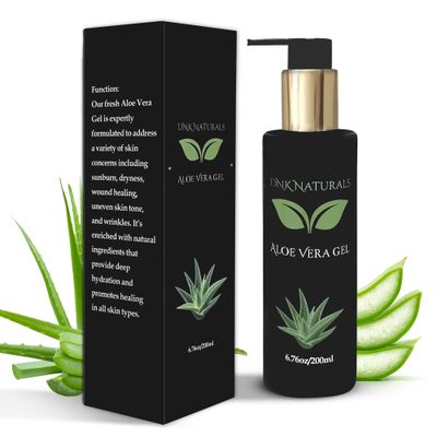 DNK Naturals Aloe Vera Gel from fresh 100 Pure Aloe - Sunburn Relief - Calms Irritated Skin - Hydrates - With Niacinamide - For Face, Body, and Hair - Vegan, No Fragrance - 200ml
