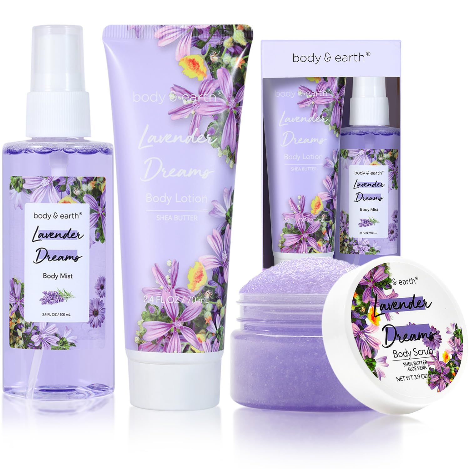 BODY EARTH Body Mist Gift Set - Spa Gifts for Women, Perfume, Body Lotion, and Body Scrub in a Lavender Dreams Box- Perfect Birthday Gifts for Moms, and Special Occasions,Unique Gift Ideas for Her