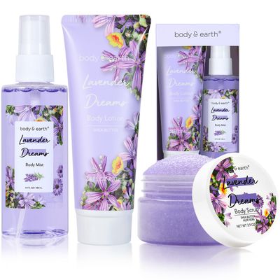 BODY EARTH Body Mist Gift Set - Spa Gifts for Women, Perfume, Body Lotion, and Body Scrub in a Lavender Dreams Box- Perfect Birthday Gifts for Moms, and Special Occasions,Unique Gift Ideas for Her