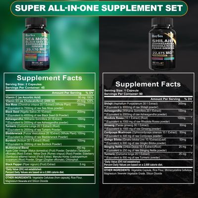 Boysea.Shilajit and Sea Moss Bundle- 90 Count - Sea Moss 7000mg, Black Seed Oil 4000mg, Ashwagandha 2000mg, Ginger Shilajit 9000mg, Rhodiola Rosea 1000mg, All in 1 Supplements (1 Pack)