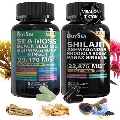 Boysea.Shilajit and Sea Moss Bundle- 90 Count - Sea Moss 7000mg, Black Seed Oil 4000mg, Ashwagandha 2000mg, Ginger Shilajit 9000mg, Rhodiola Rosea 1000mg, All in 1 Supplements (1 Pack)
