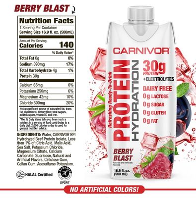 MuscleMeds Carnivor Protein Hydration RTD, Refreshing Ready to Drink, 30 g Isolate Protein, Lactose Free, Sugar Free, Electrolytes, Muscle Building, Recovery, Halal Certified, Berry Blast, 16.9 Fl Oz