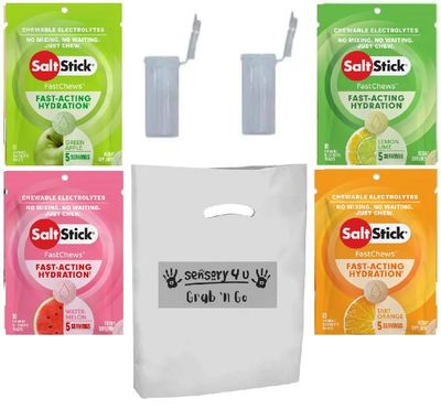 SENSORY4U Grab and Go Gift Set SaltStick with New Fastchews Flavors and Race Ready Tubes - Lemon Lime Orange Green Apple and Watermelon Electrolyte Tablets