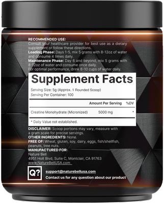 NatureBell Instant Creatine Monohydrate Powder 500 Grams, 5000mg Per Serving, Unflavored Micronized Creatine Powder - Pre Workout Keto Vegan Dissolves Easy Filler Free - 100 Servings (1.1Lb)